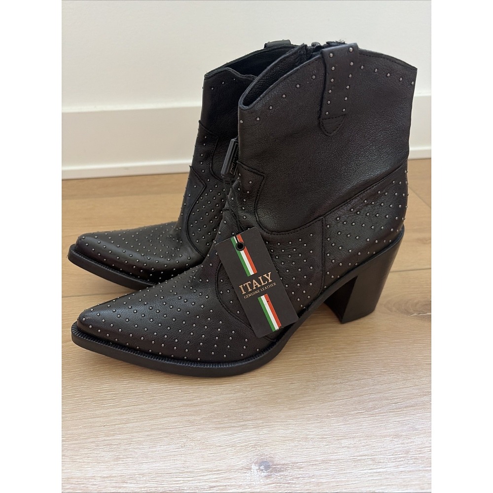 Italian Emanuele Crasto Heel Boots Black Leather Studded Western EU 41 US 10